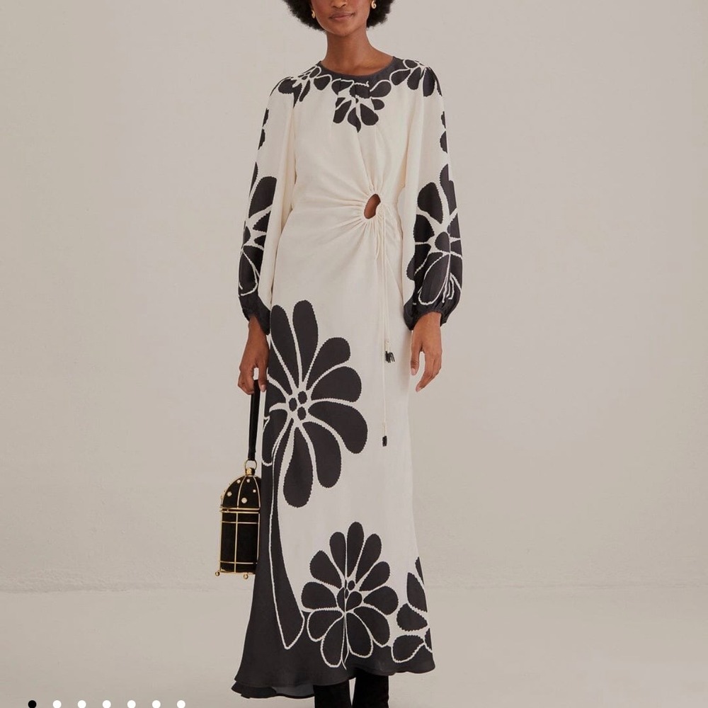 Farm Rio Black Palermo Cut Out Long Balloon Sleeve Maxi Dress SZ S Tropical